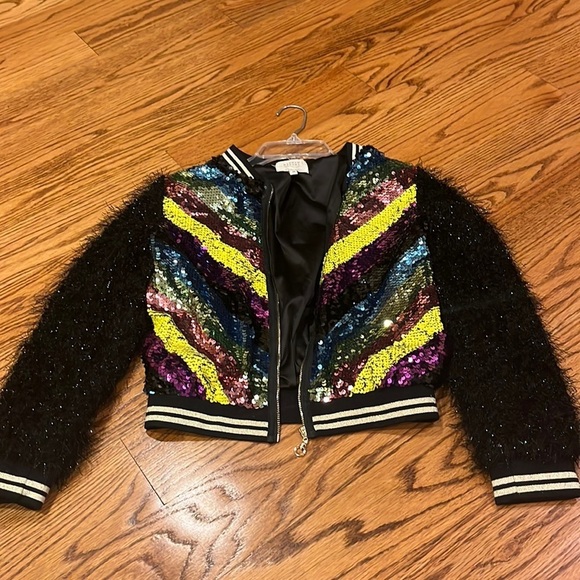 Hannah Banana Girl’s Sequin Jacket with Faux Fur Sleeves Size 14 - Picture 1 of 7